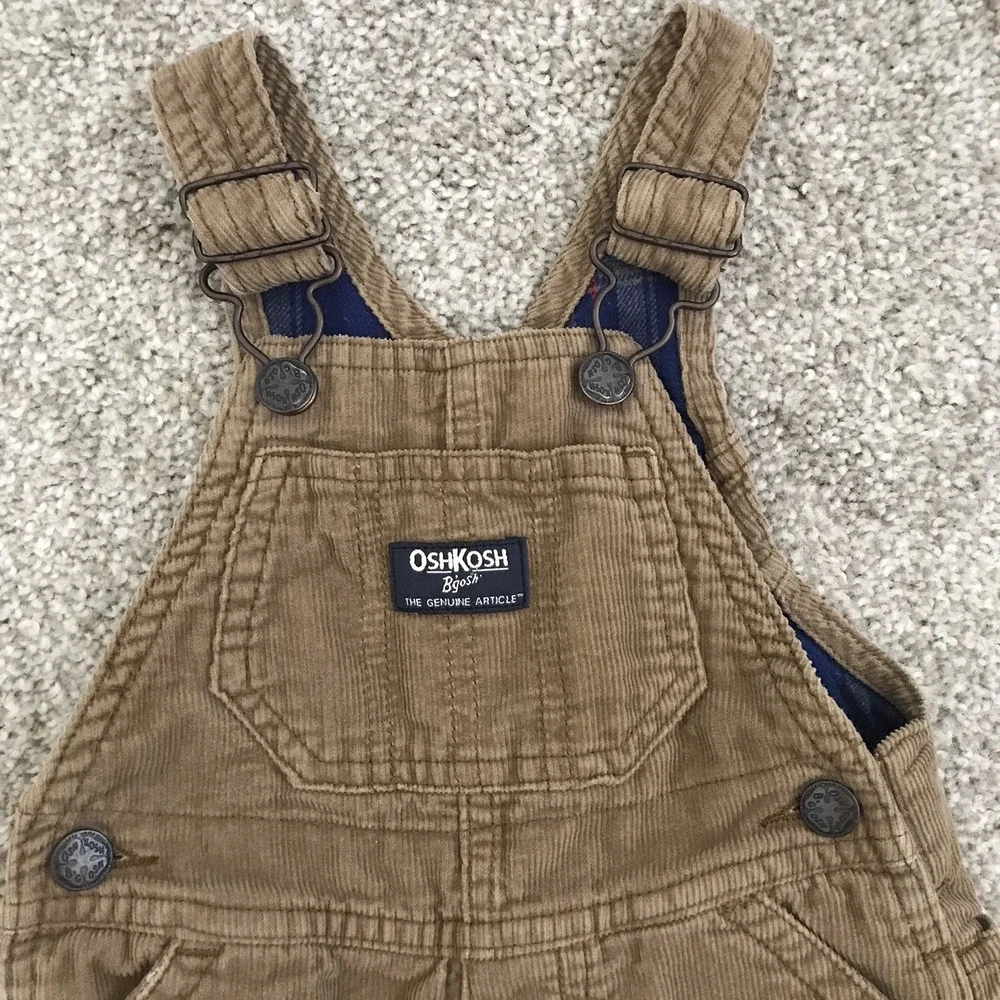 Oshkosh B'gosh Corduroy Vestbak Bib Overalls Flannel Lined Baby 9M Tan Snap Legs